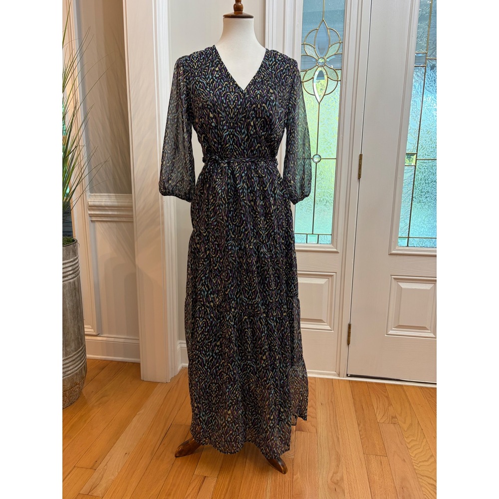 Esqualo V-Neck Maxi Wrap Dress Abstract Purple Blue Sheer Sleeve 6 Jewel Toned